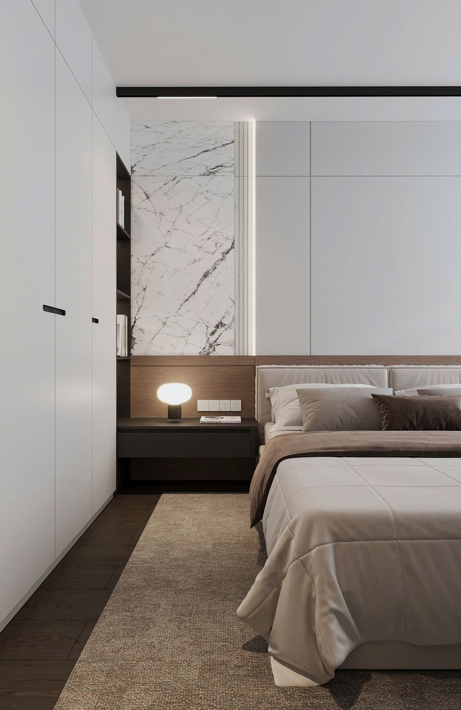 Vách đầu giường ốp đá marble phòng ngủ master căn hộ Bàu Cát Vách đầu giường ốp đá marble phòng ngủ master căn hộ Bàu Cát